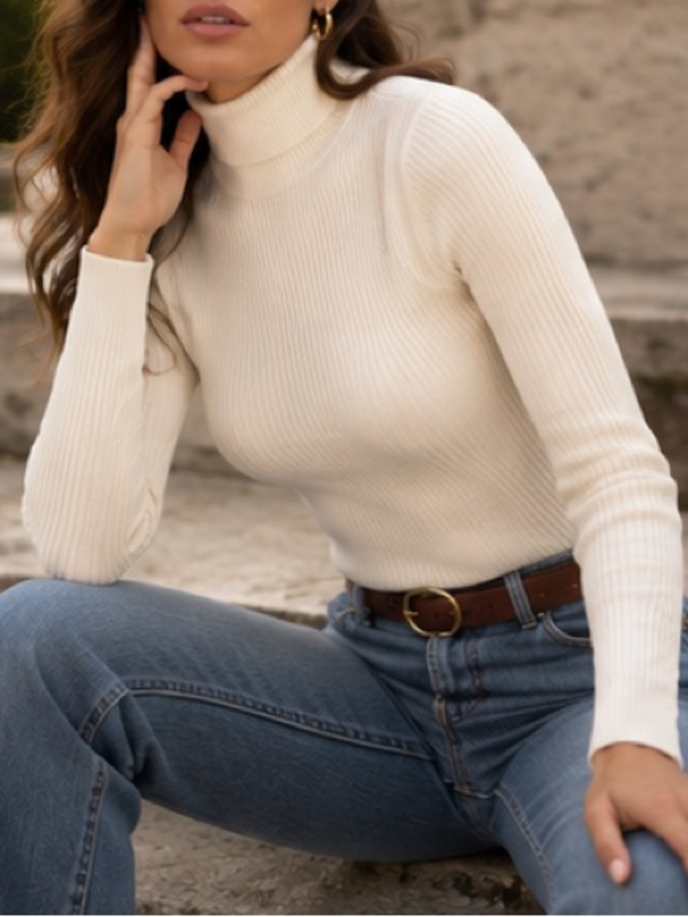 Boston Proper Ivory Ribbed Turtleneck Sweater Excellent Large